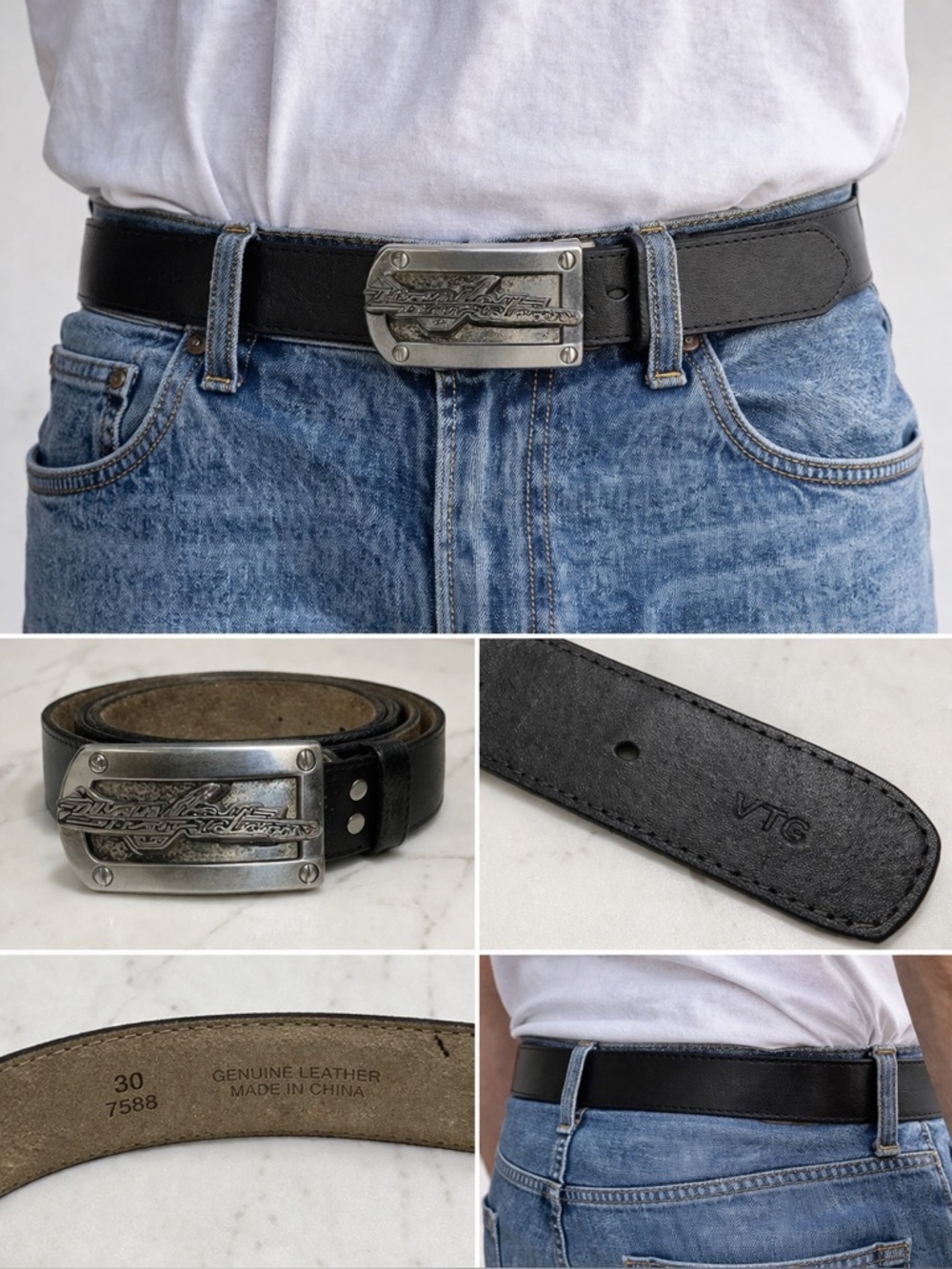 VTG Harley Davidson Buckle Leather Belt Black Moto Biker Sz 30”
